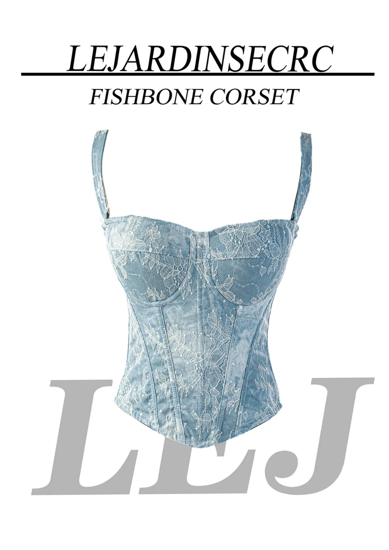 [鲸蔓.wharose]  法式牛仔刺绣蕾丝宫廷风鱼骨胸