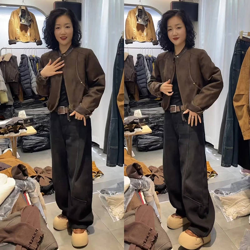 2025年新款穿搭气质高级感百搭短款皮衣外套高腰牛仔裤两件套装