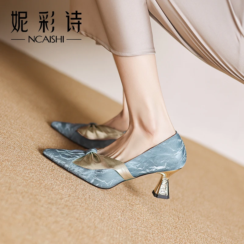 2025年新款法式巨显腿长单鞋女软皮性感兰色百搭配裙子气质1292L