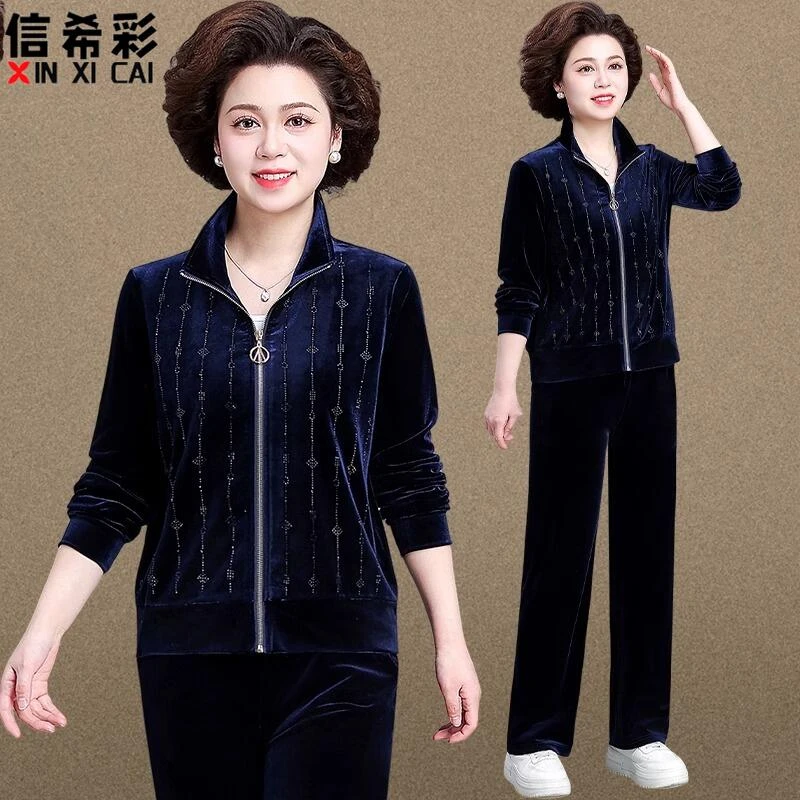 中年妈妈春装金丝绒运动服套装贵夫人中老年女春秋外套大码两件套