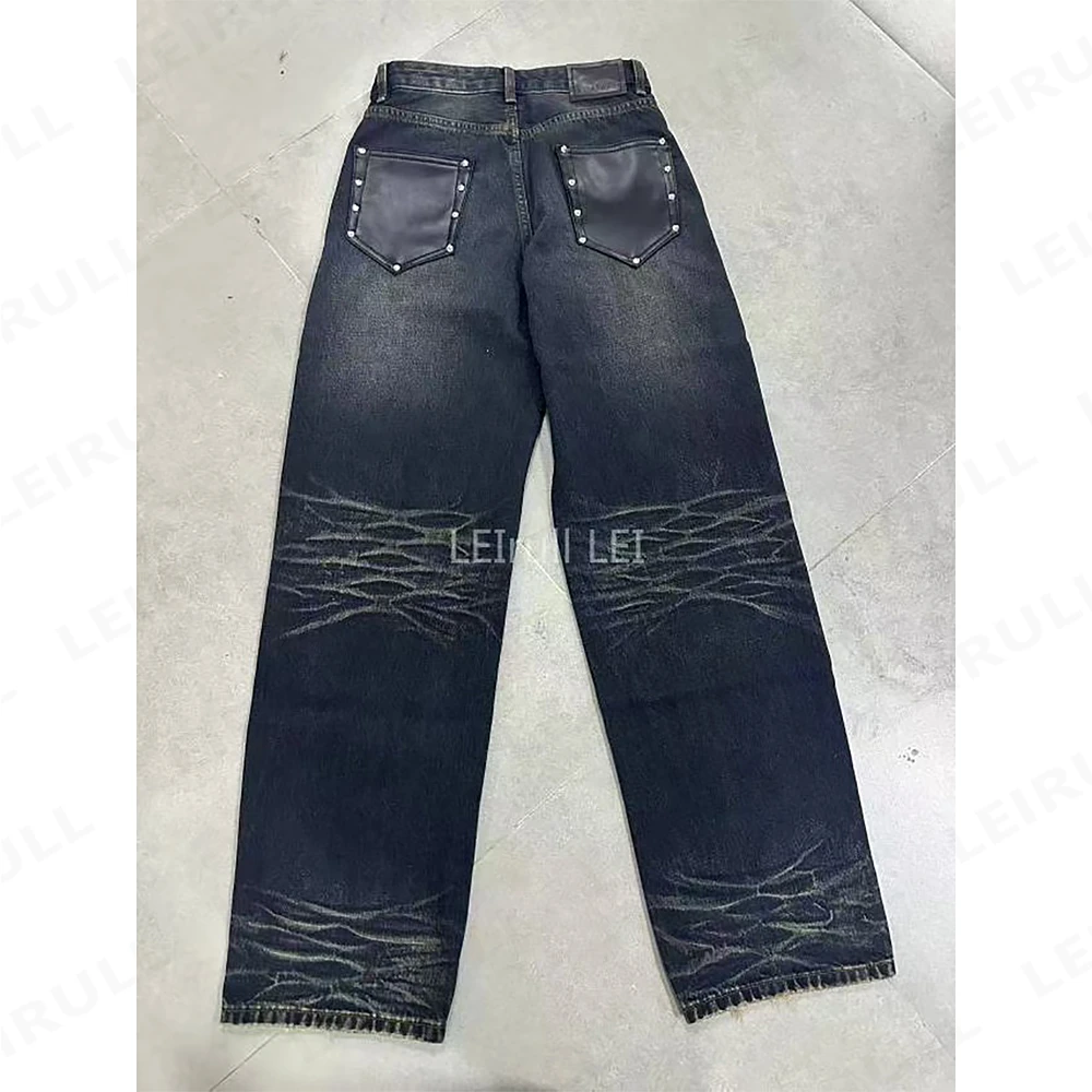 【蕾子】Ac铆钉皮口袋猫须重工洗水牛仔裤 正确版本