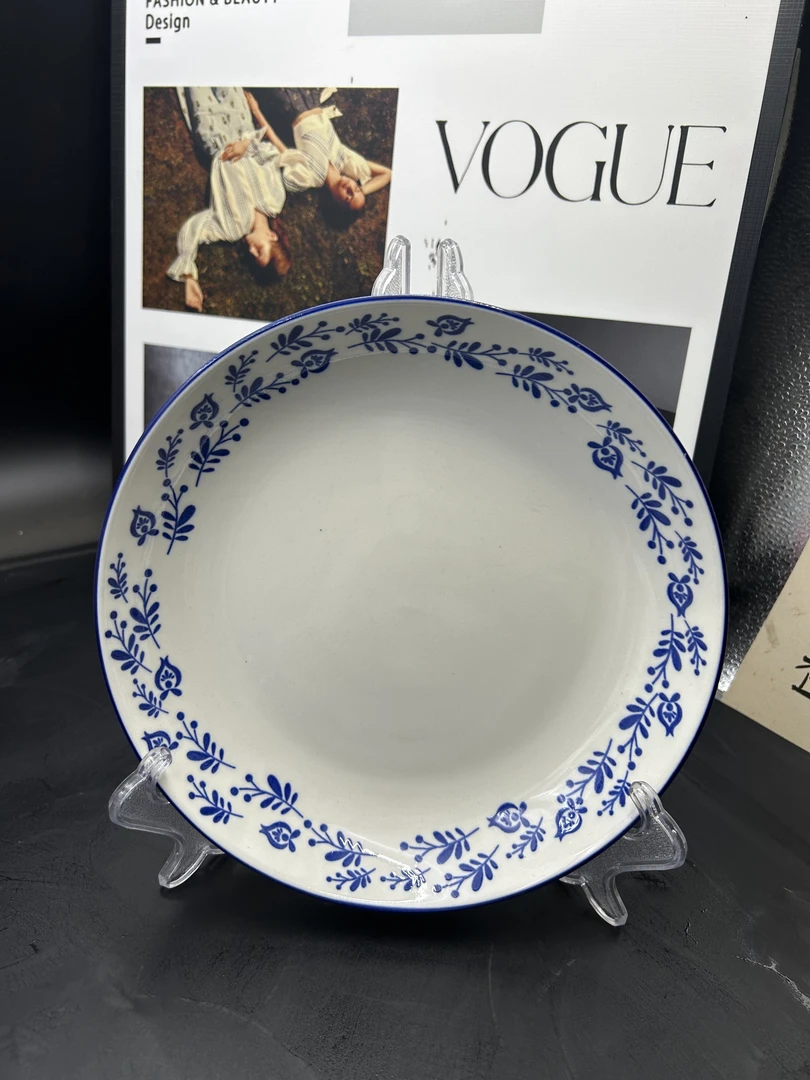 【4只装】蓝边青花瓷韵8英寸菜盘高温釉下彩陶瓷餐具