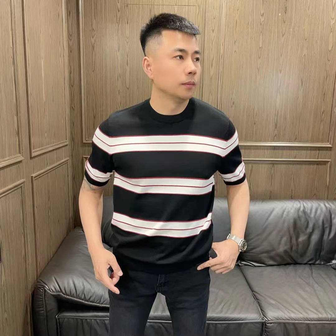 TA钴3512 男士夏季高品质英伦风简约经典黑红条纹个性圆领短袖T恤
