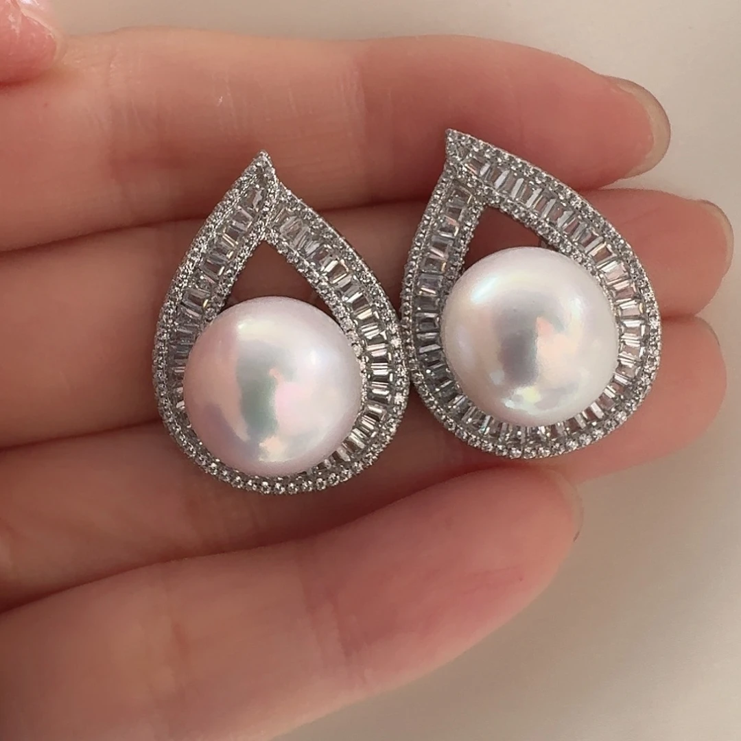 淡水珍珠耳饰银S925镶嵌13-14mm设计款耳饰