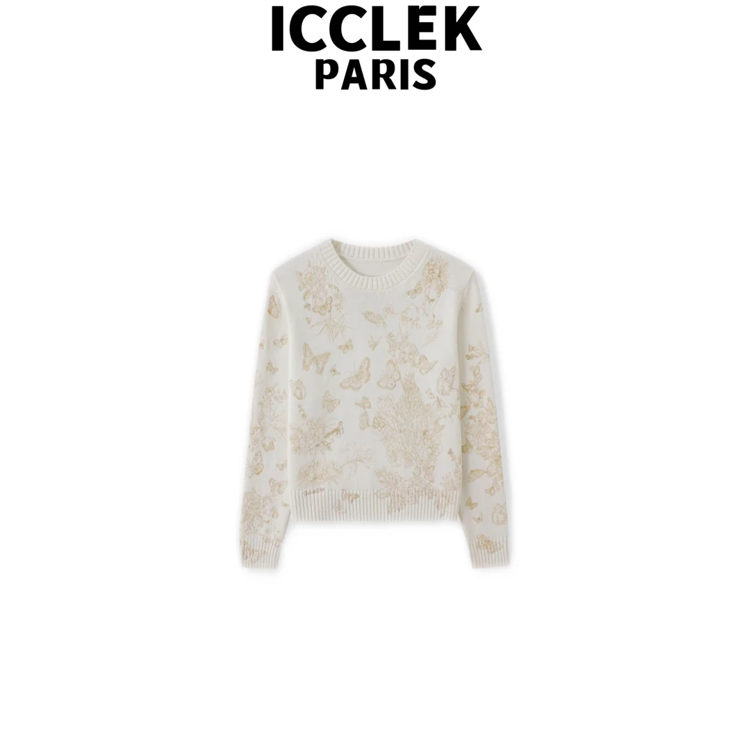 ICCLEK 秋冬新款白色刺绣圆领长袖针织衫名媛套头时尚上衣 - 9328