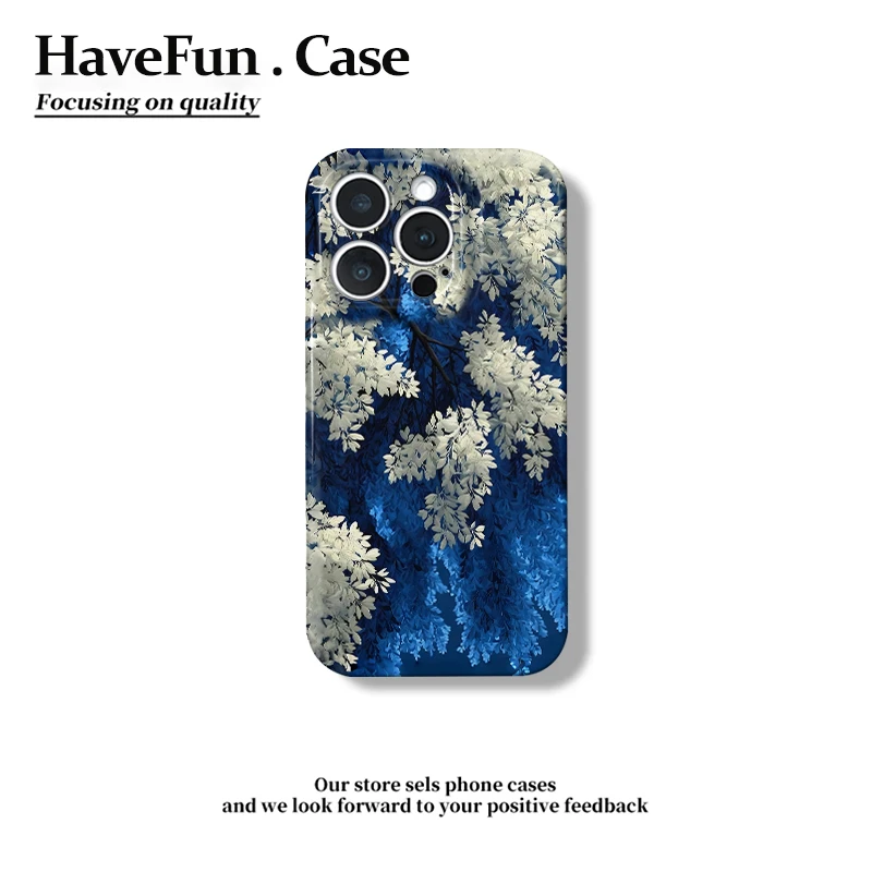 雅天立蓝白拼色花朵适用iPhone16/15菲林手机壳华为vivo小米oppo