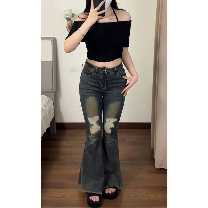 大码胖mm辣妹小个子修身鱼尾破洞牛仔裤女显瘦弹力高腰大喇叭裤女