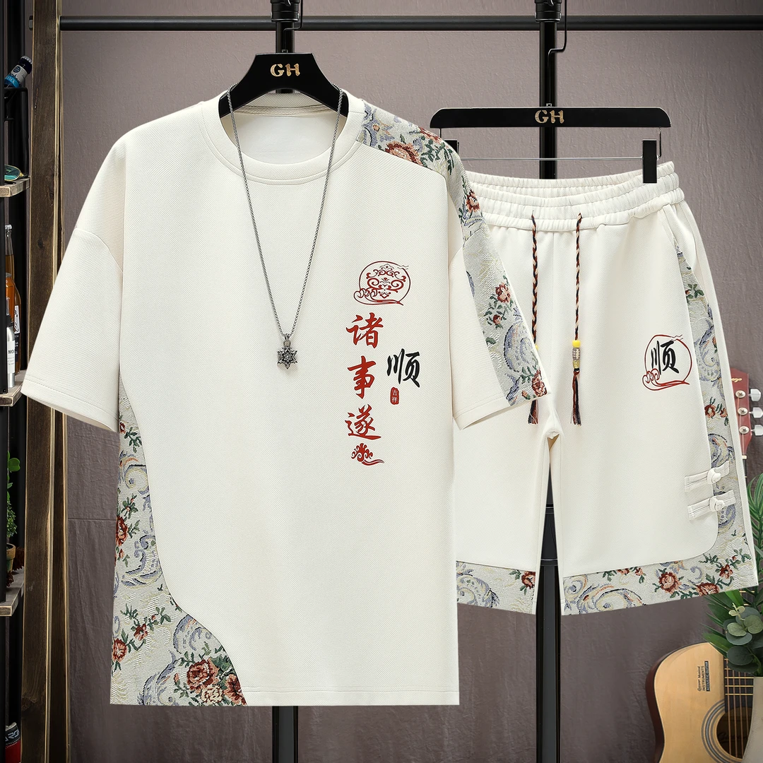 短袖短裤夏季胖子休闲运动套装男士圆领青少年青年中国风男装