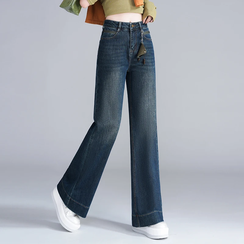 哥弟阿玛施正品秋季高腰阔腿牛仔裤女显瘦时尚垂感复古蓝直筒裤子