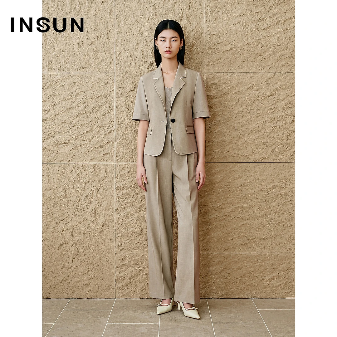 INSUN恩裳专选2025夏季老钱风微收腰显瘦短袖西装