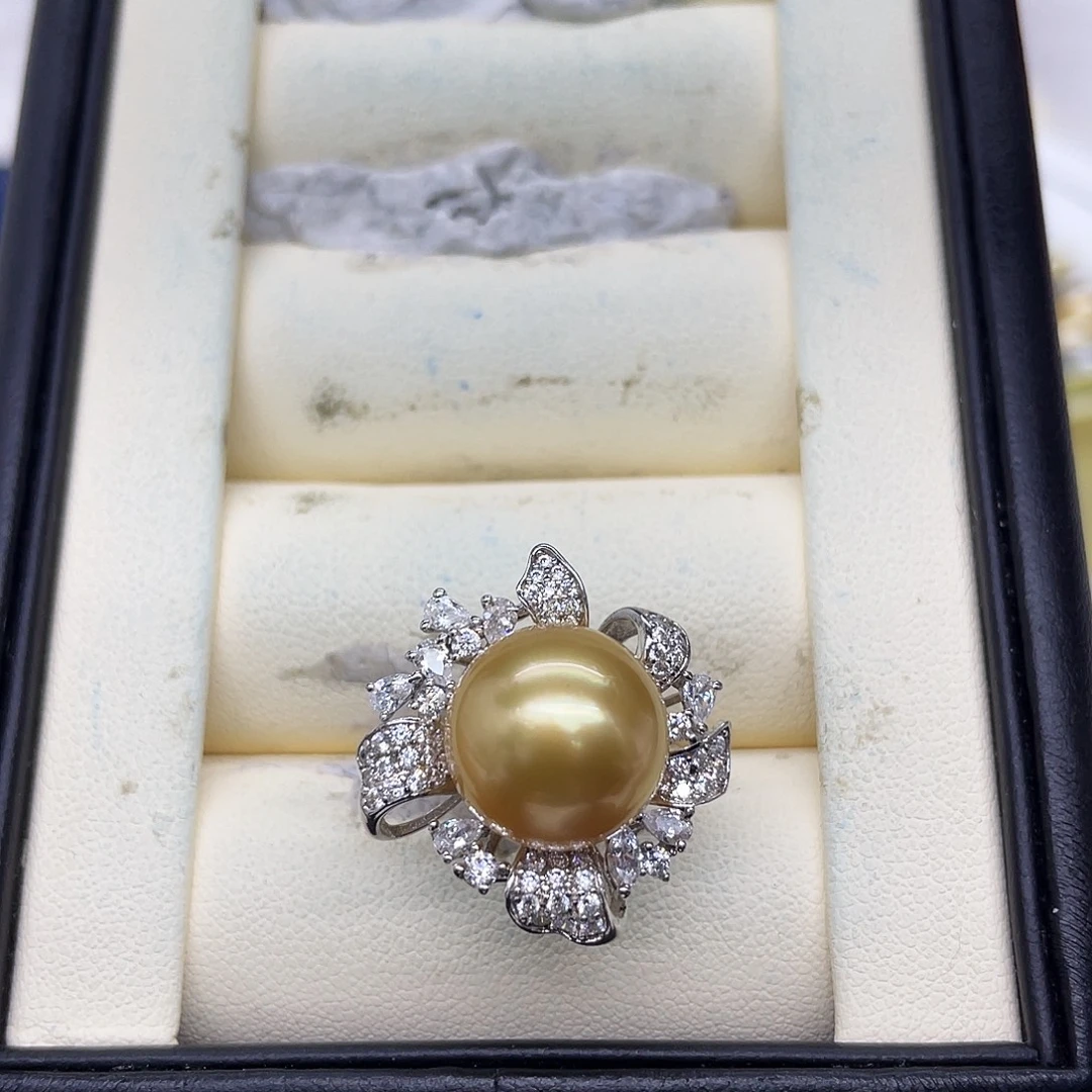 银S925镶嵌戒指海水珍珠金珠浓金戒指12.6mm