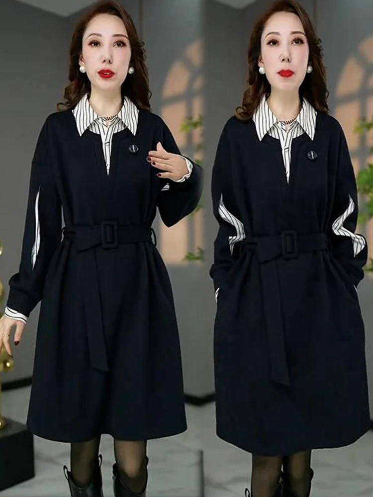 中长款假两件拼接衬衫领连衣裙2025年秋装超火新款女减龄长袖裙子