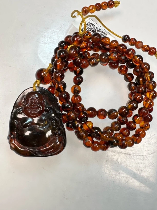 抚顺琥珀弥勒佛吊坠链长链