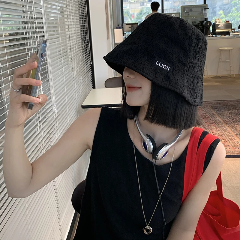 LUCK字母渔夫帽女春夏季百搭日系大头围水桶帽韩版显脸小素颜帽子