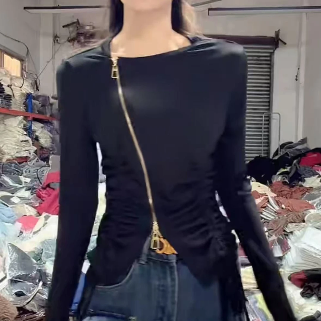 小众斜拉链抽绳收腰显瘦卫衣女秋冬百搭内搭上衣