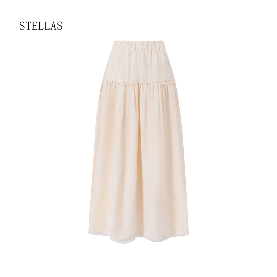 STELLAS 温柔可人 亚麻松弛感飘逸大摆褶皱高腰半身裙