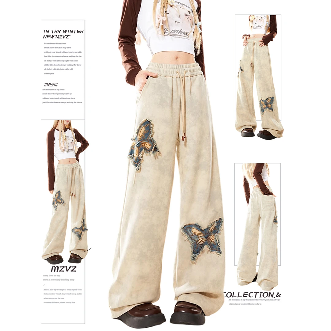 2025新款美式蝴蝶刺绣阔腿卫裤女秋季设计感高腰直筒显瘦宽松