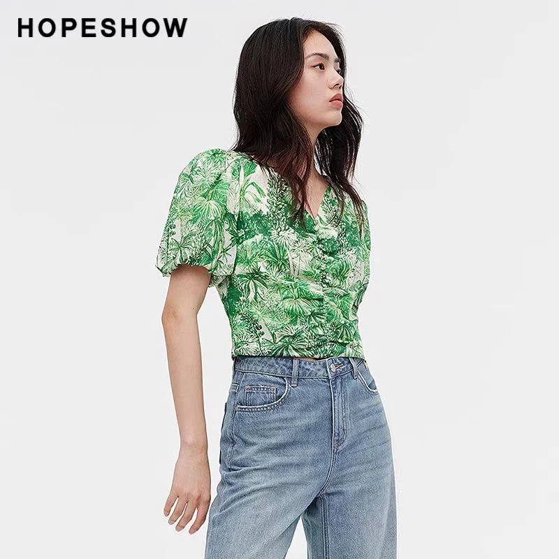 夏季绿花雪纺衫夏季泡泡袖抽褶上衣89124172007