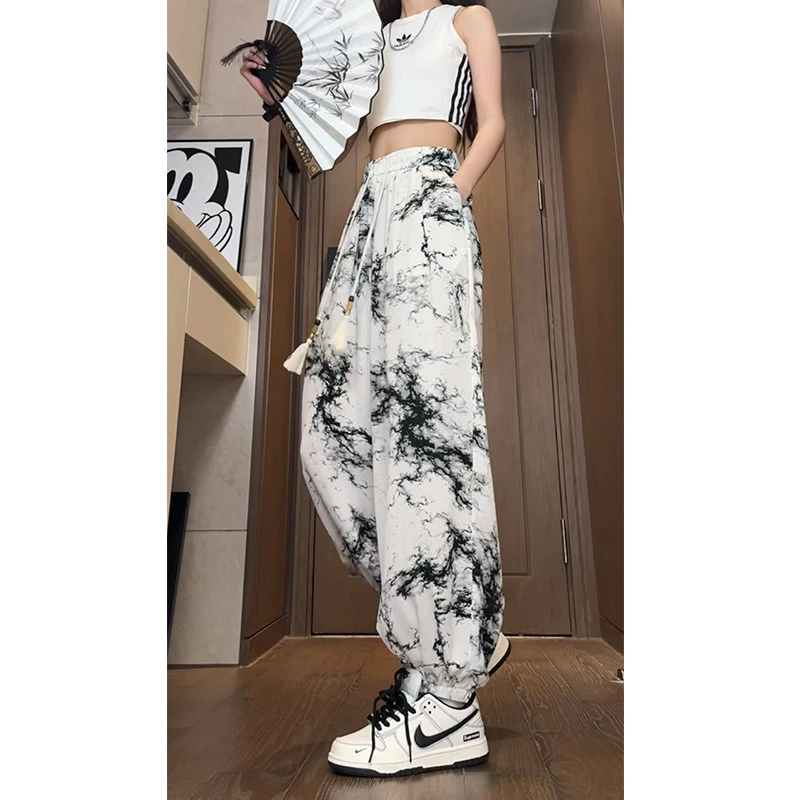 冰丝裤子男新中式国风流苏抽绳运动裤闪电印花设计垂感宽松灯笼裤