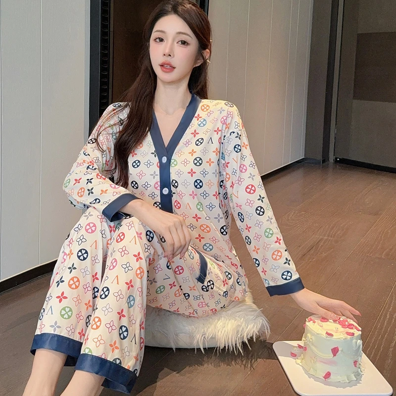 【中環专享品牌清-A】睡衣女春秋季开衫长袖长裤轻奢家居服套装743