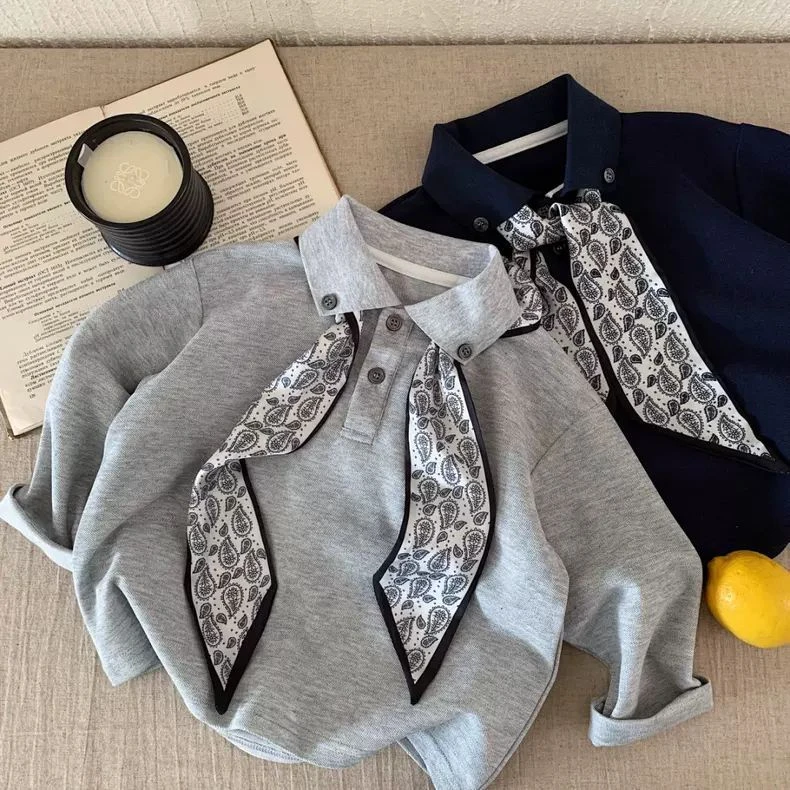 韩版宽松男童卫衣polo衫2025春秋个性丝带打底衫宝宝中小童翻领潮