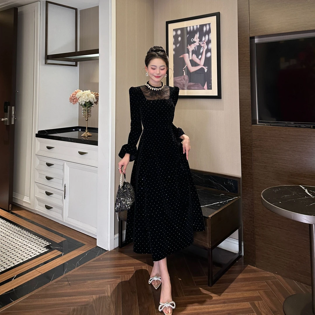 【花花原创】法式修身名媛优雅宴会显瘦气质赫本风复古连衣裙45060