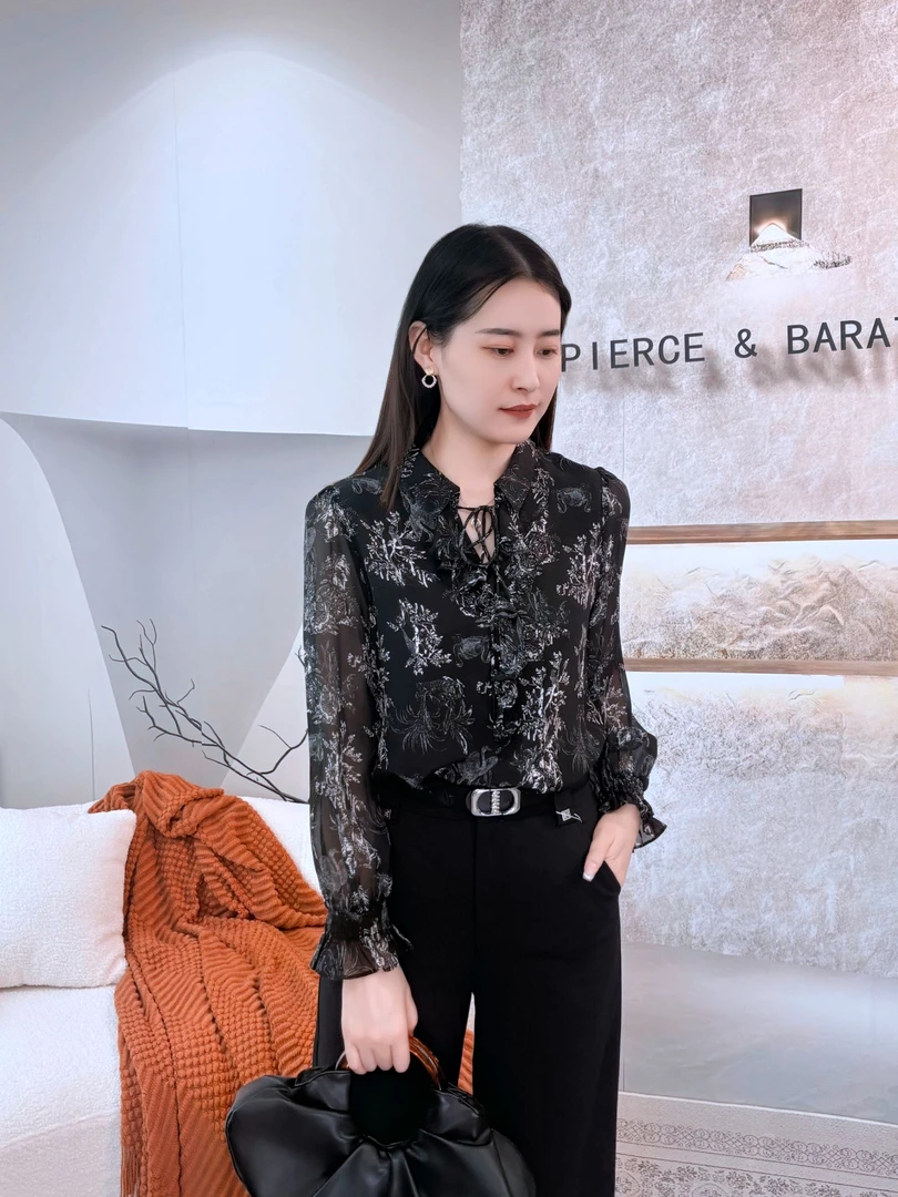 真丝印花通勤碎花系带宽松型长袖衬衫显瘦气质蕾丝网红D2YC3056