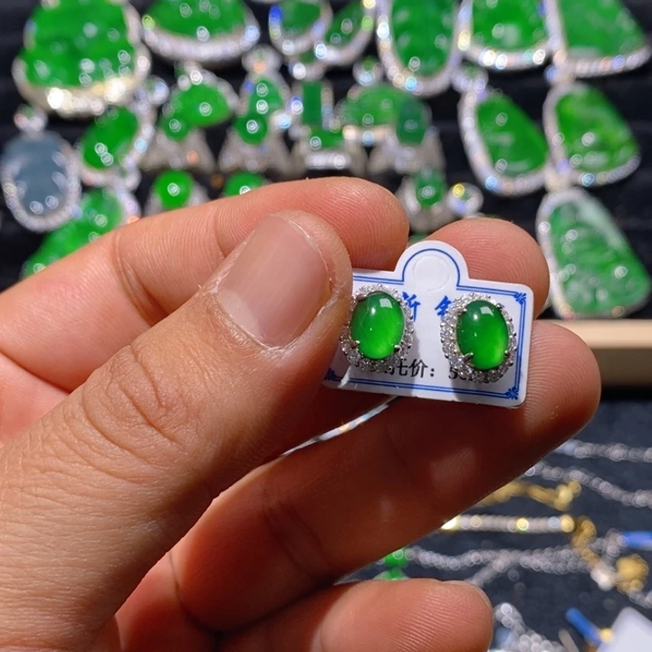 翡翠耳饰银S925镶嵌天然A货翡翠