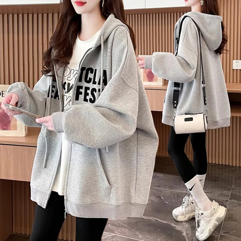 大码慵懒风刺绣连帽薄款卫衣女春秋新款韩版宽松百搭拉链开衫外套