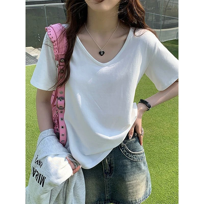 宽松休闲T恤夏季新中式休闲V领短袖内搭上衣外穿遮肉简约百搭上衣