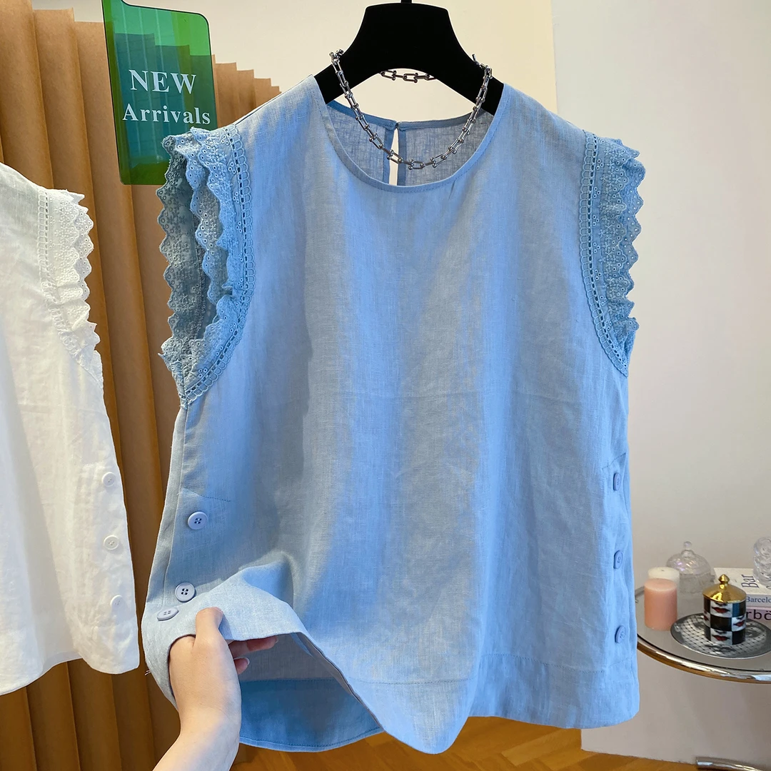 胖妹妹大码女装蕾丝花边无袖背心T恤夏季宽松显瘦高级感小衫上衣