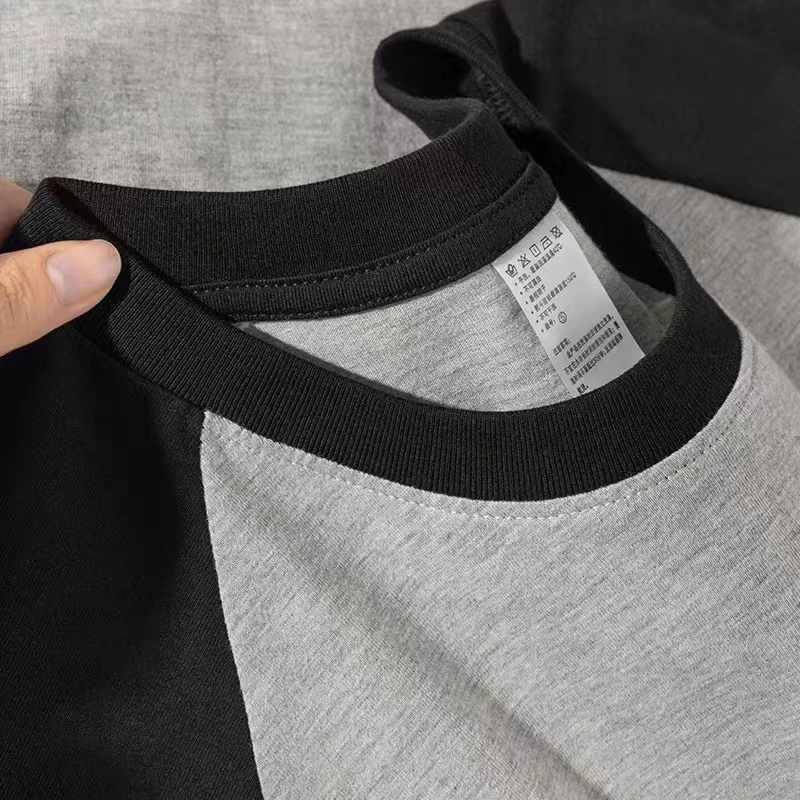 不可错过的灰黑拼色T恤重磅纯棉插肩长袖撞色拼接宽松女款打底衫