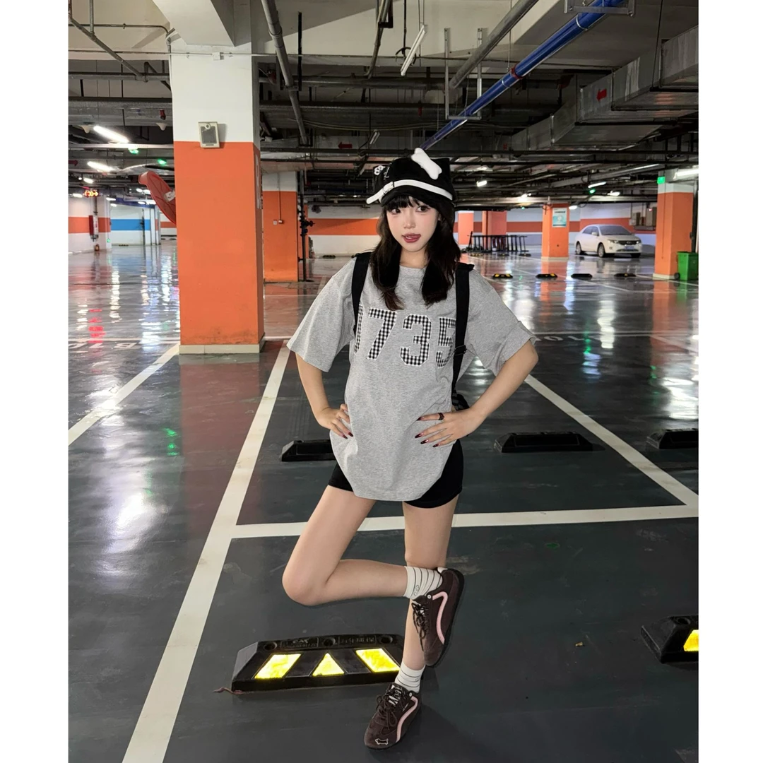 夏季新款重磅纯棉T恤短袖宽松休闲百搭数字印花上衣圆领慵懒风女