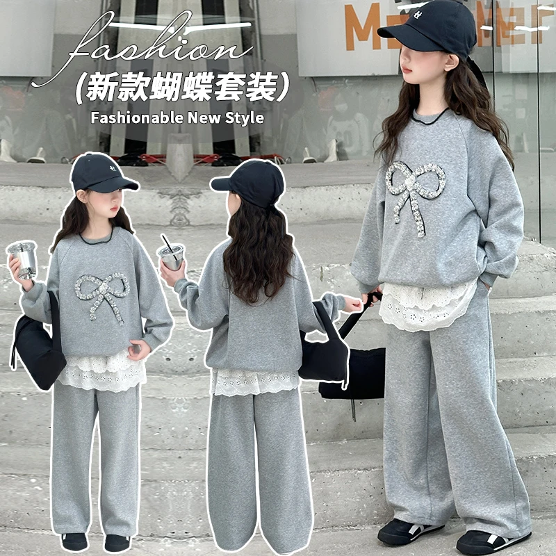 女童2025春秋款时尚蝴蝶结卫衣休闲裤子假两件圆领套头时尚套装