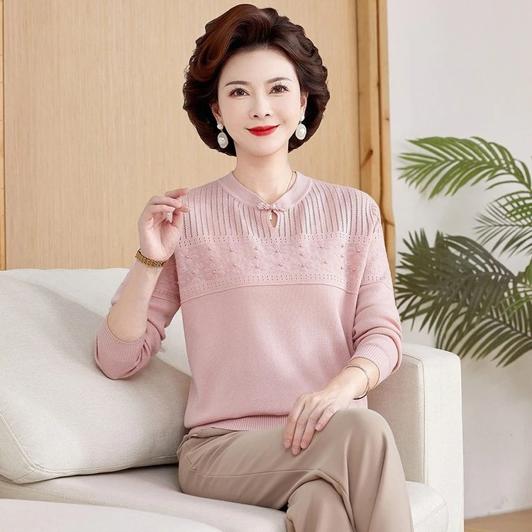2025新款国风妈妈装早秋长袖珍珠宽松显瘦中年女装上衣气质洋气