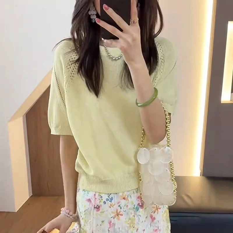 设计感镂空减龄薄款黄色针织衫女夏季新款宽松休闲短袖t恤上衣