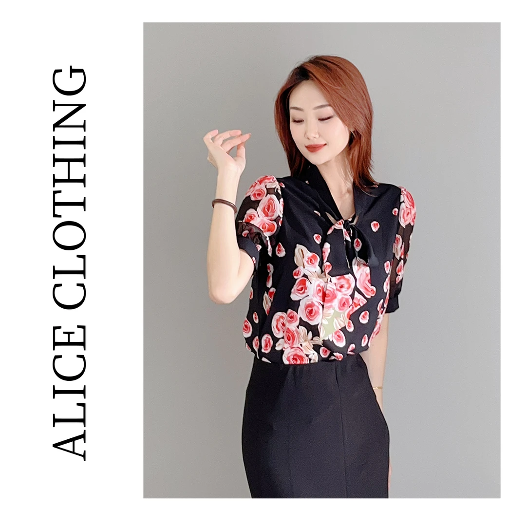 2ALICE“玫瑰情”通勤衬衫】艺术印花优雅绑带S2137462G