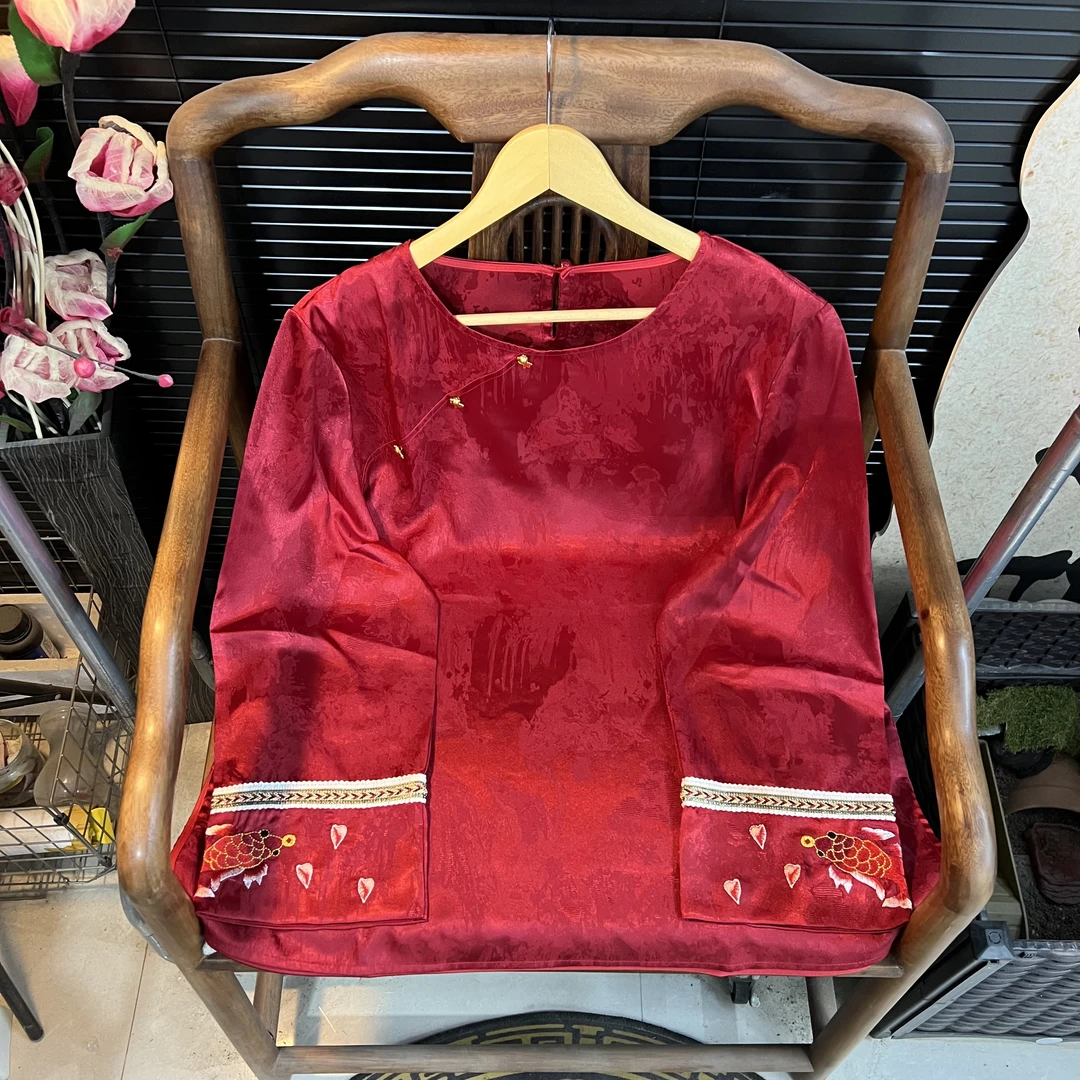 猫家YZM新中式国风圆领斜襟提花锦鲤袖打底上衣