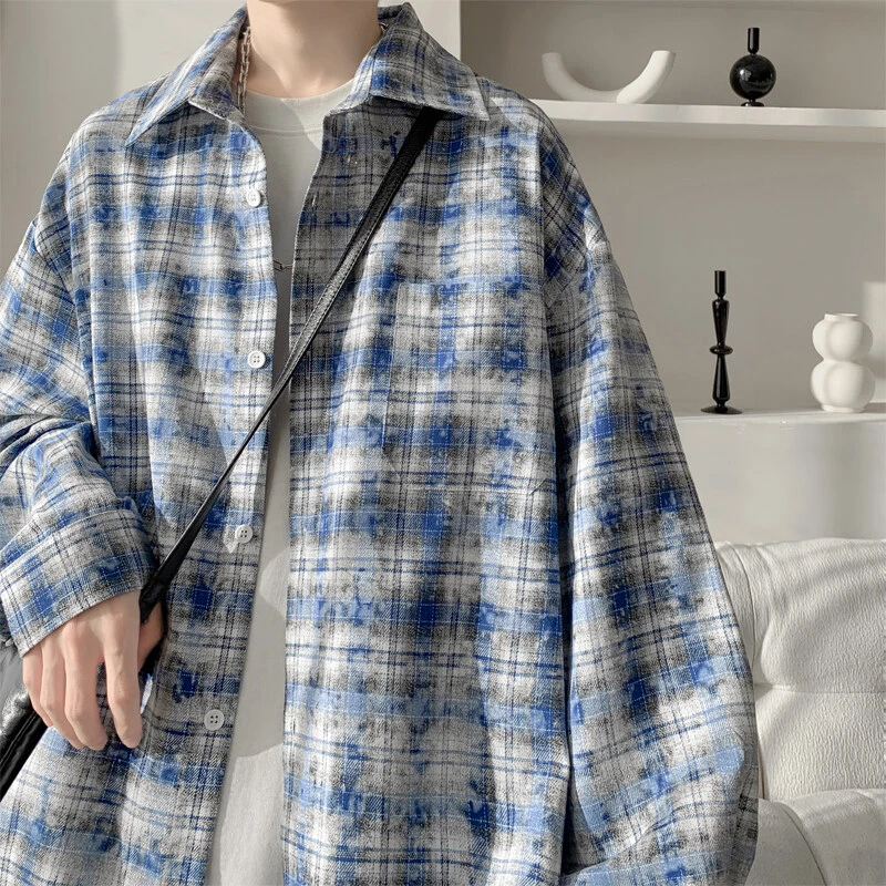 引创休闲格子衬衫男上衣春季潮流百搭港风宽松大码情侣港风衬衫男