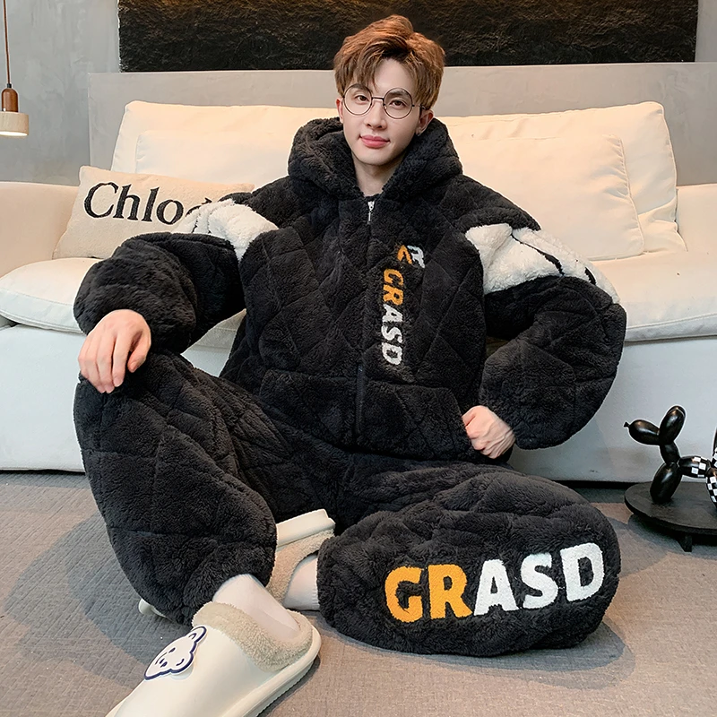 睡衣男冬季三层夹棉加厚加绒珊瑚绒秋冬款特厚男士秋冬家居服套装