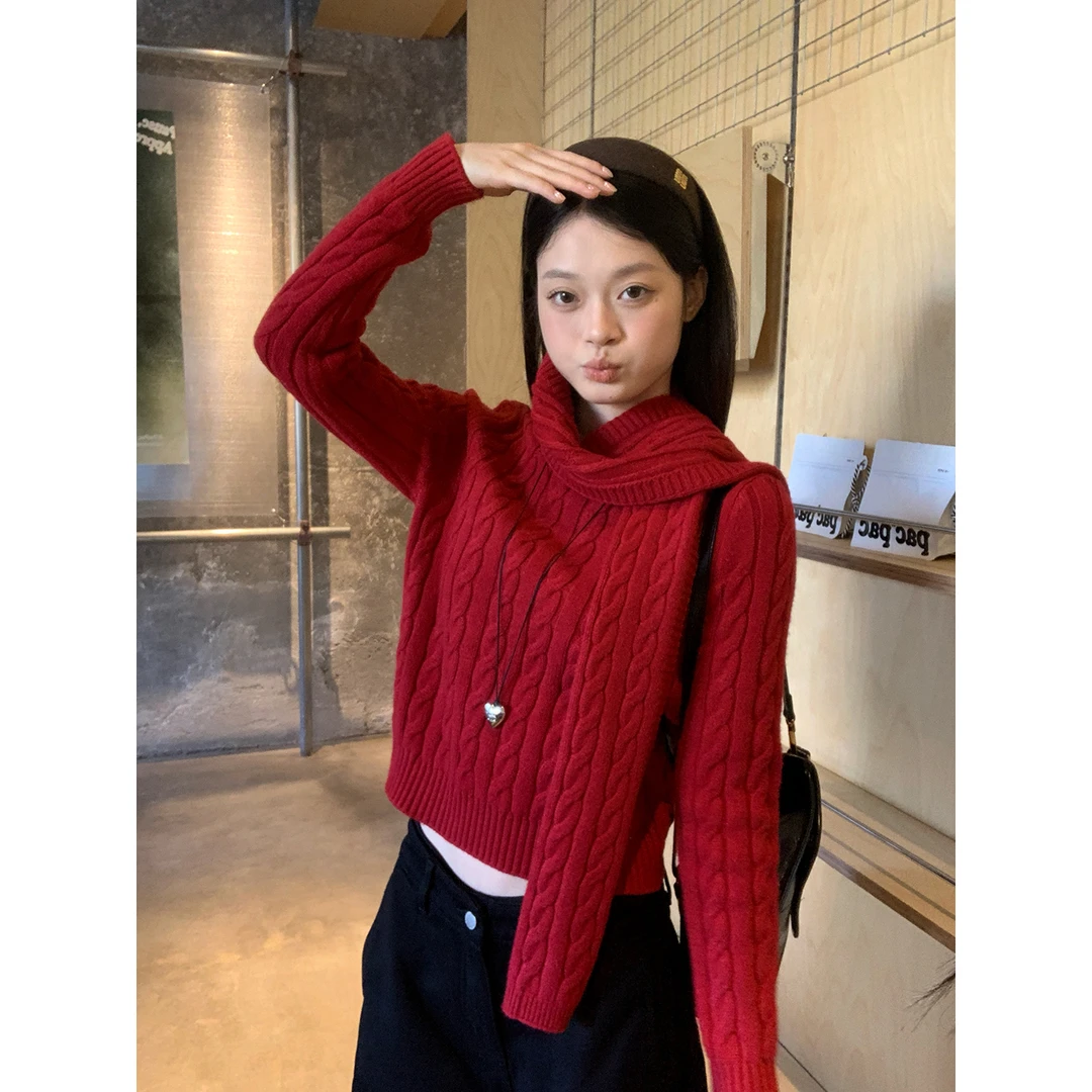 宋正恩11/24 10:00AM上新【显白红色软糯绞花围领短款针织毛衣】