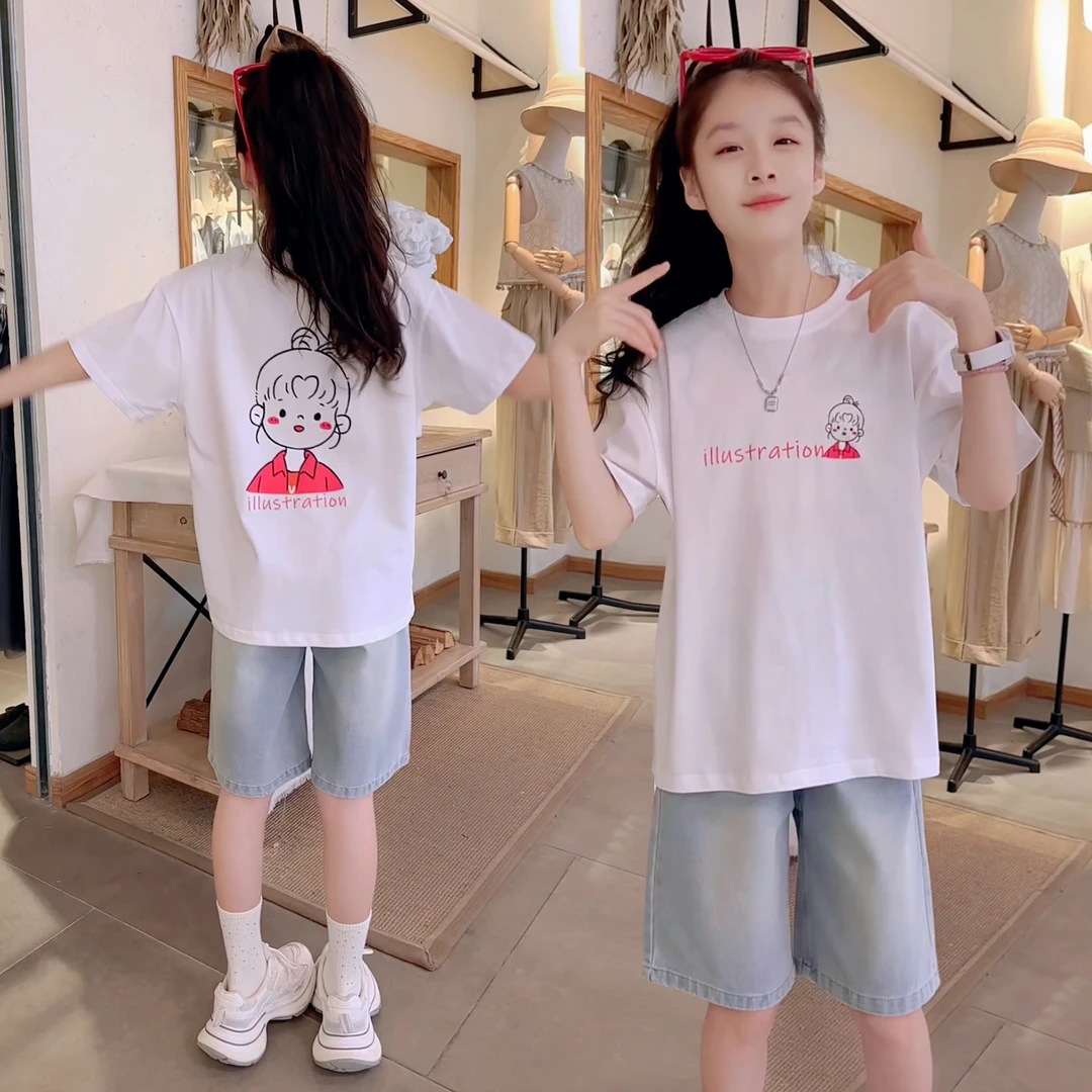 女童夏季套装2025新款儿童薄款短袖五分裤女孩T恤牛仔中裤两件套