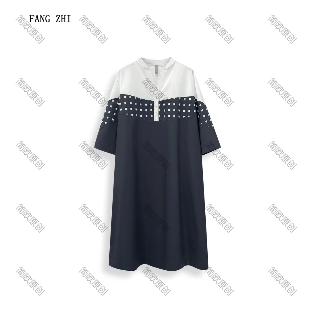 【格一专属】洋气休闲时尚撞色印花连衣裙中袖V领显瘦中长裙 D4271