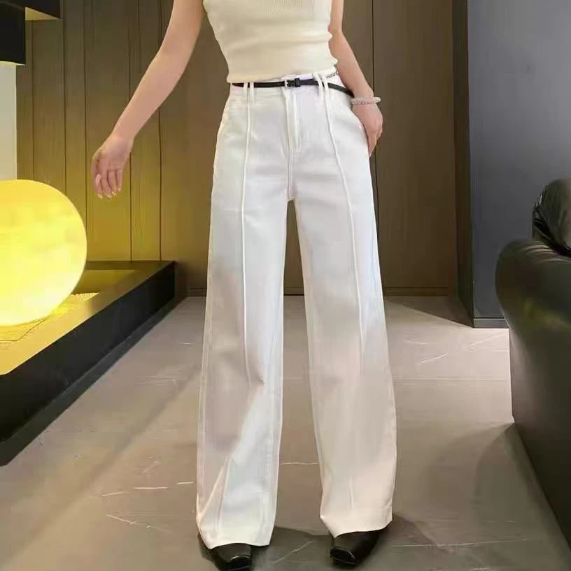 楚楚2025夏季新款百搭显瘦复古蓝色直筒牛子裤女时尚高腰阔腿裤子