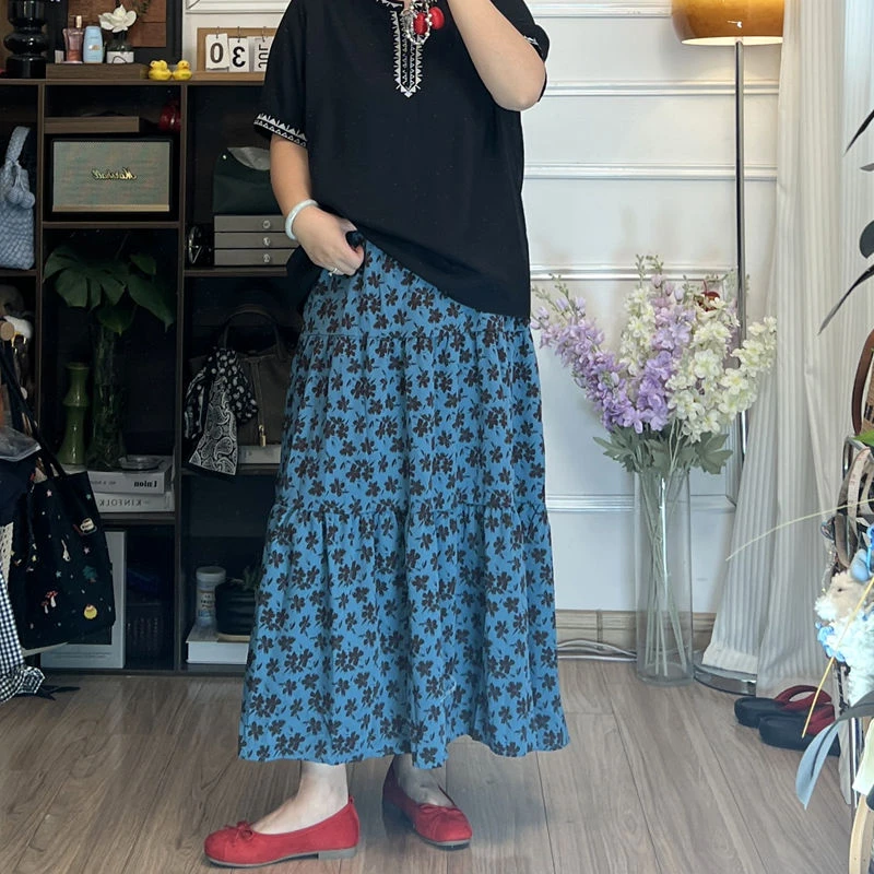 YZJ【蓝色大海】大码松紧腰A字板碎花伞裙休闲气质百搭半身裙女