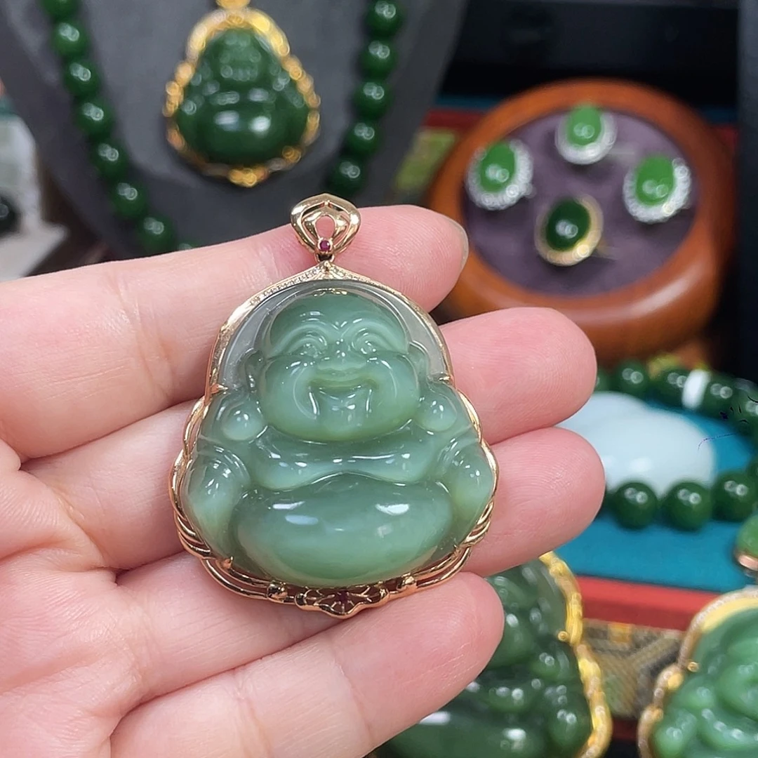 和田玉（碧玉）未镶嵌颈饰猫眼佛公35mm