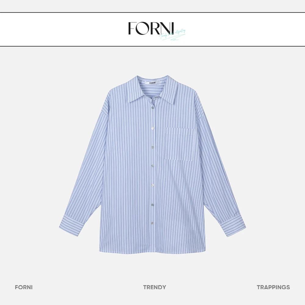 FORNI  慵懒海岸线 纯棉慵懒感条纹衬衫长袖休闲设计感气质