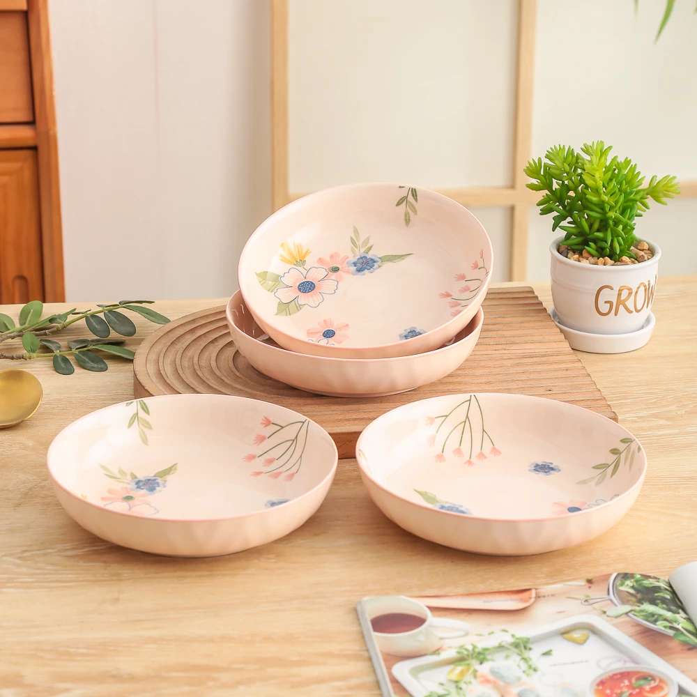 珊瑚海系列小清新高颜值家用陶瓷餐具7英寸菱格纹深盘圆盘