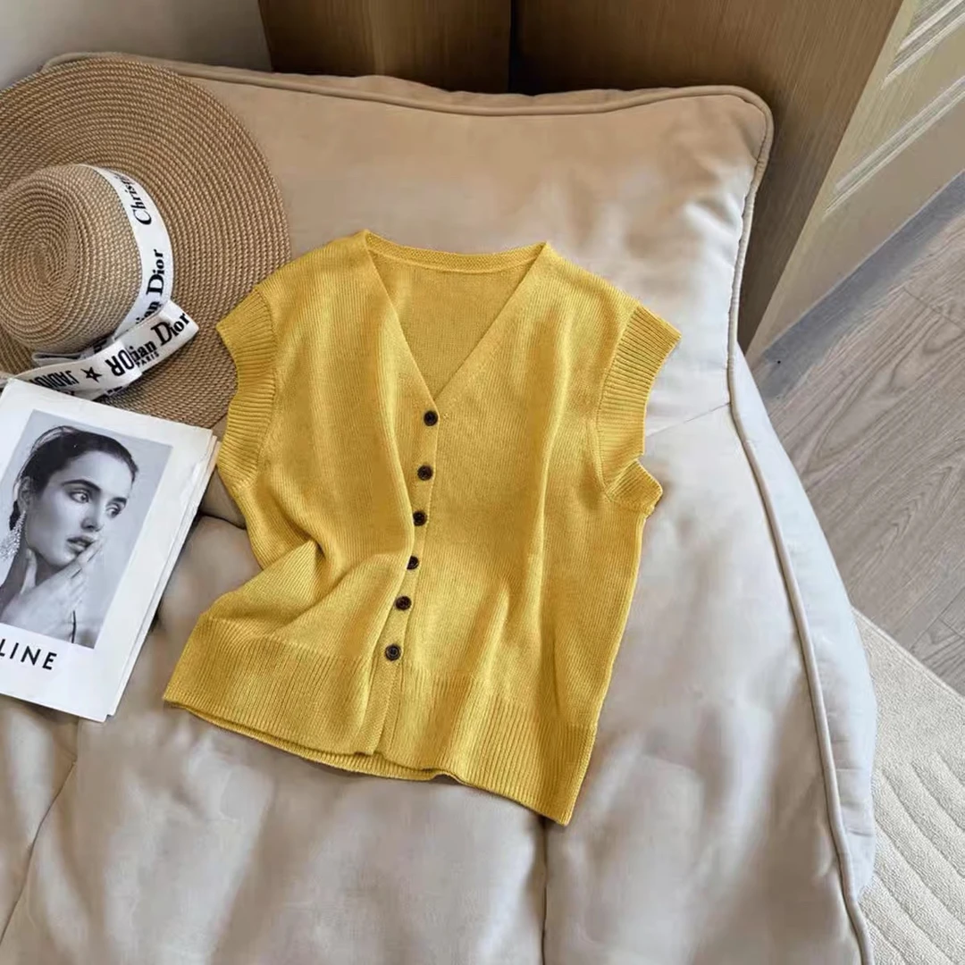 纯色V领飞飞袖针织短袖开衫女夏季2025年新款欧货气质显瘦上衣潮