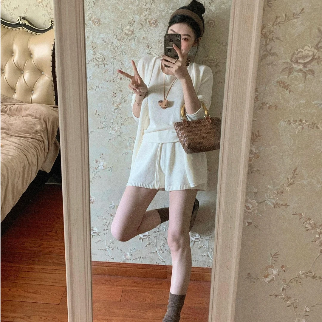 2025新款休闲时尚套装微透防晒开衫外套女装吊带背心+短裤三件套